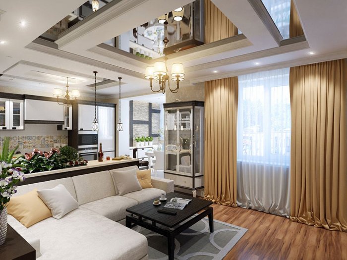 Потолок гостиная совмещенная с кухней