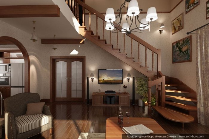 Интерьер гостиной в частном доме с лестницей