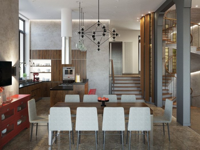 Кухня со столовой и гостиной в едином пространстве