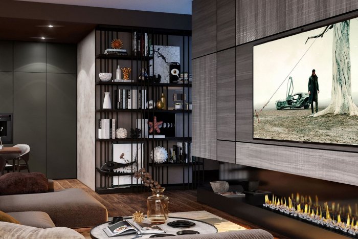 Минимализм мебельная стенка с камином 3d