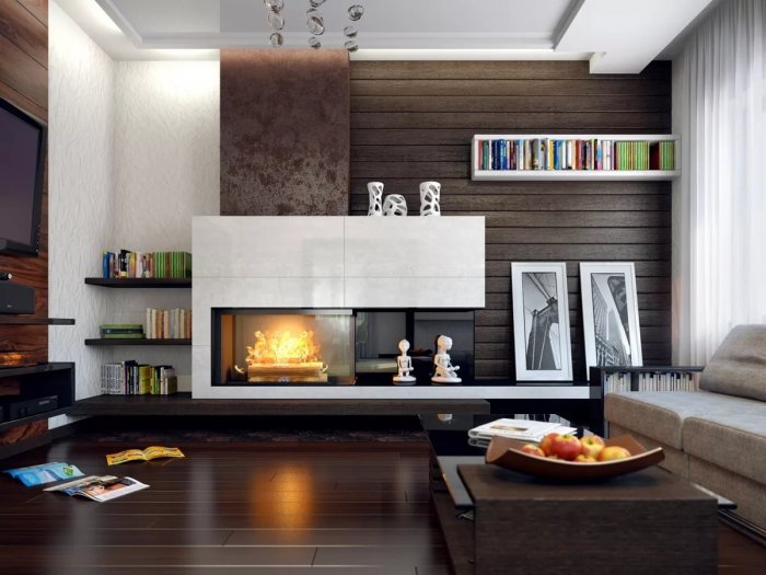 Камин в интерьере гостиной