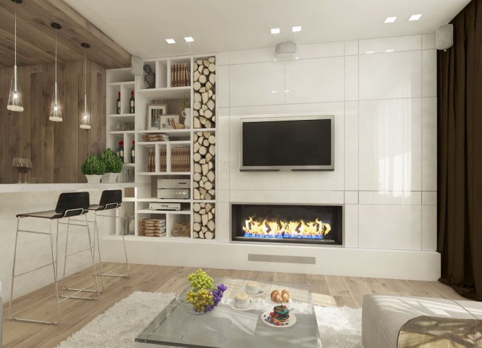 Камин в перегородке между кухней и гостиной