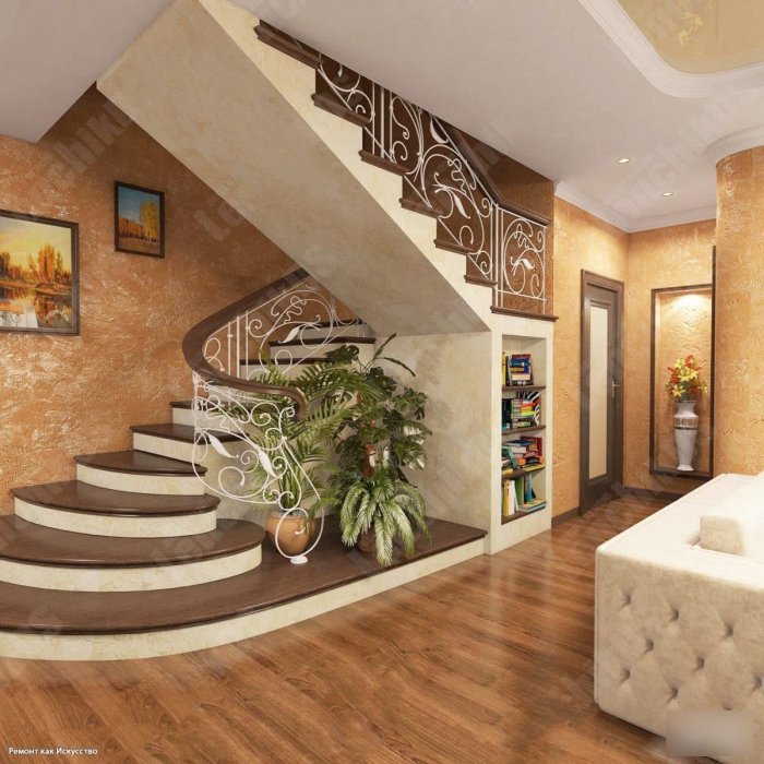 Интерьер гостиной с лестницей