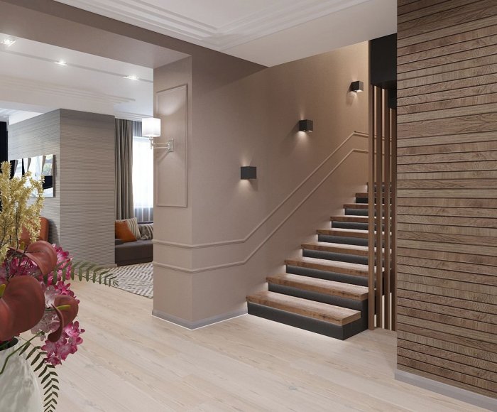 Интерьер коридора с лестницей в частном доме