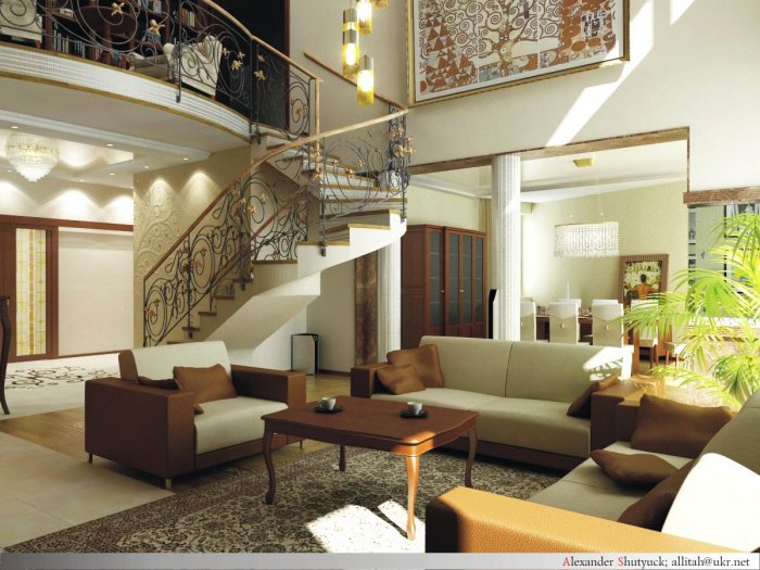 Большая гостиная с лестницей на второй этаж