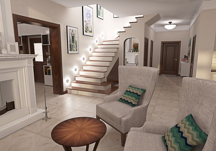 Кухня-гостиная в частном доме с лестницей