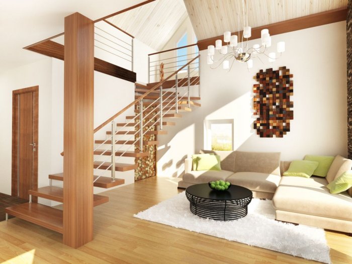 Гостиная с деревянной лестницей