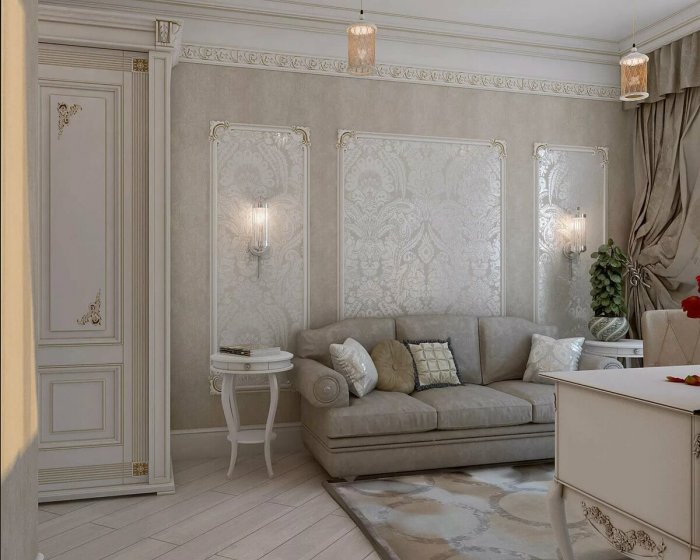 Отделка стен молдингом в гостиной