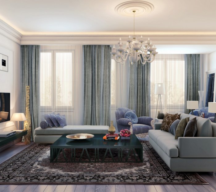 Синие шторы в гостиной Неоклассика