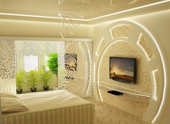 Декор из гипсокартона на стене в спальне