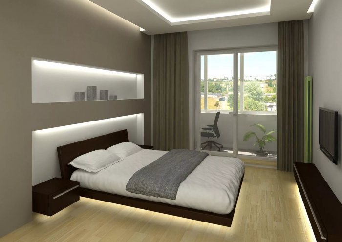 Ниша из гипсокартона в спальне над кроватью