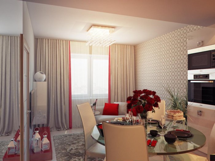 Шторы в гостиную совмещенную с кухней