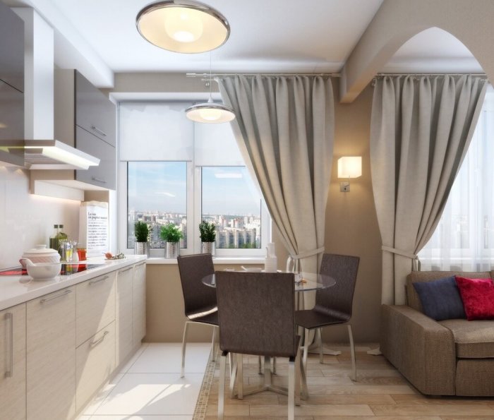 Шторы на кухню современные длинные с бежевой кухней