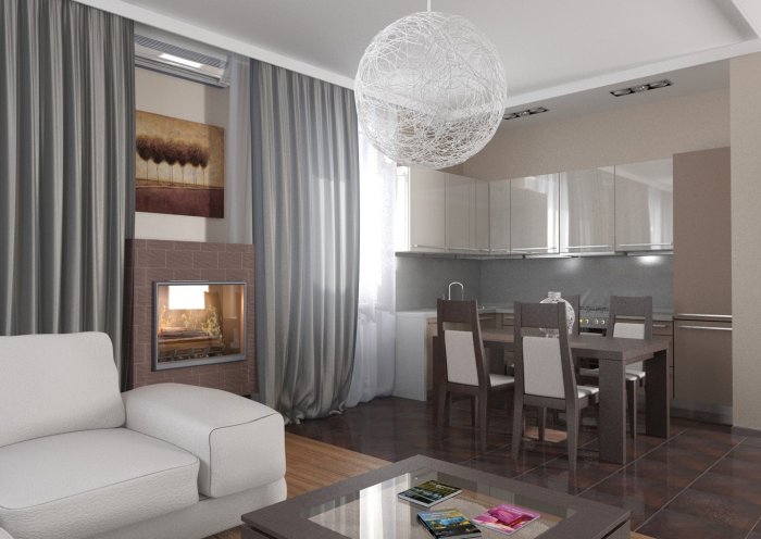 Шторы в гостиную студию с кухней