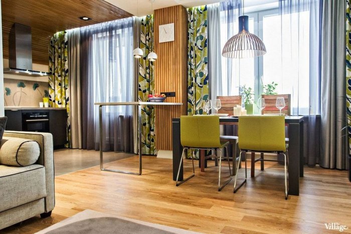 Зонирование шторами кухни и гостиной