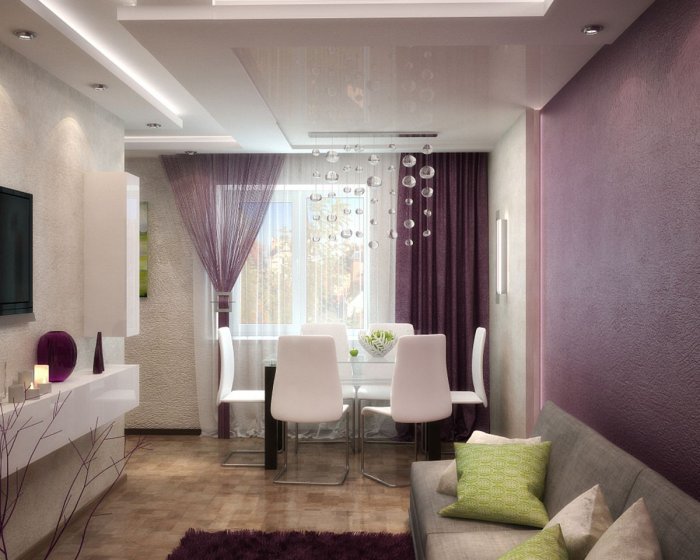 Кухня гостиная в бежево сиреневом цвете