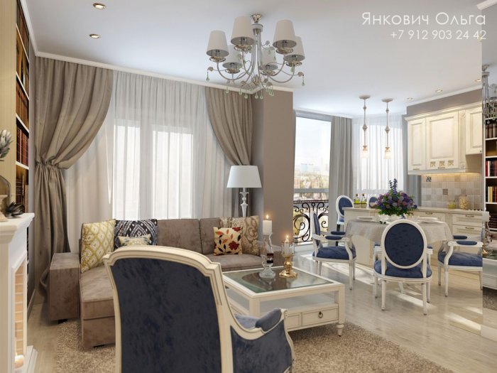 Гостиная совмещенная с кухней в классическом стиле