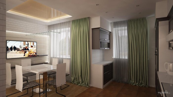 Шторы для гостиной совмещенной с кухней хрущевка