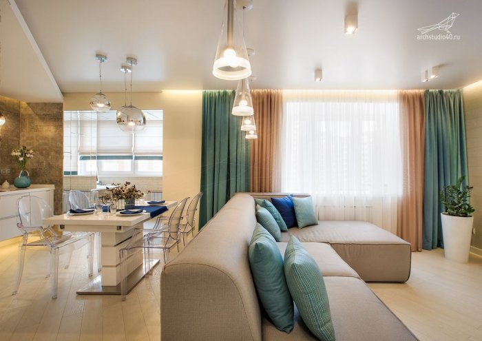 Интерьер штор в гостиной совмещенной с кухней