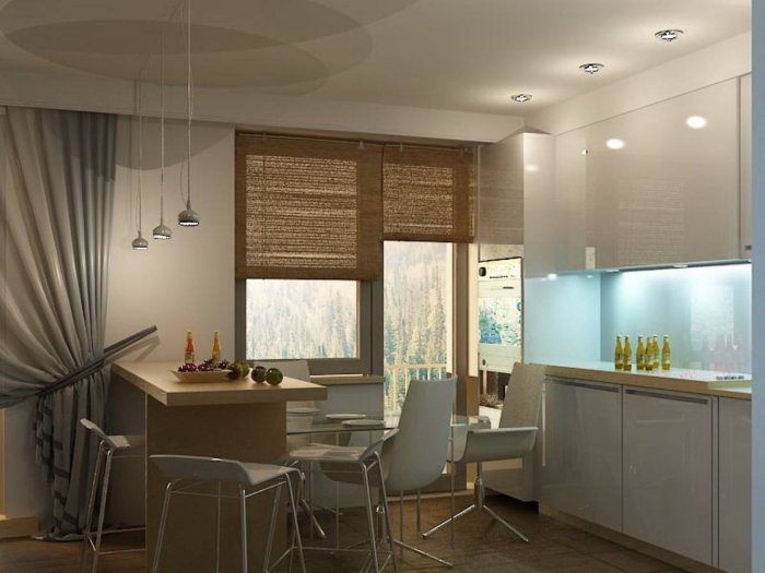 Шторы в гостиную совмещенную с кухней