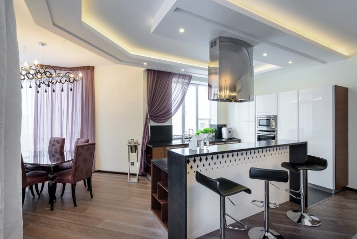 Кухни с барной стойкой между кухней и гостиной