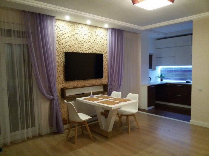 Шторы в зал совмещенный с кухней