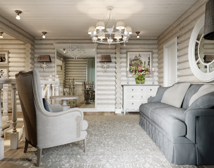 Светлая гостиная в деревянном доме