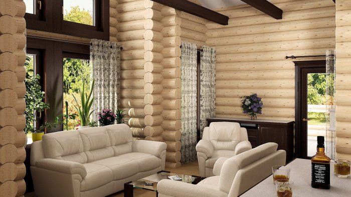 Интерьер дома из оцилиндрованного бревна