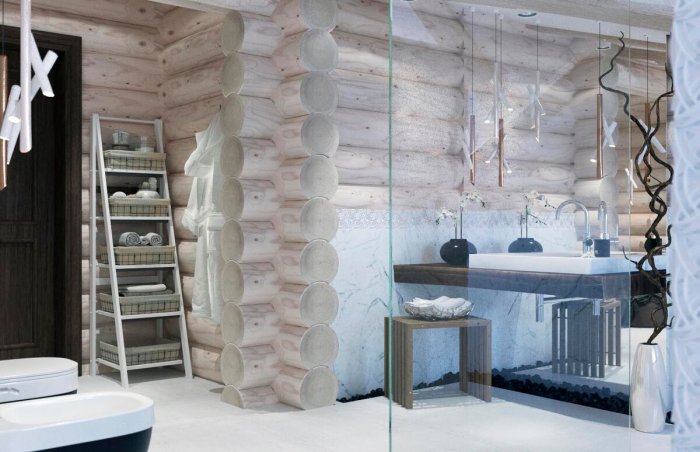 Белый бревенчатый дом внутри