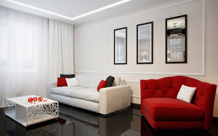 Красный диван в Светлом интерьере