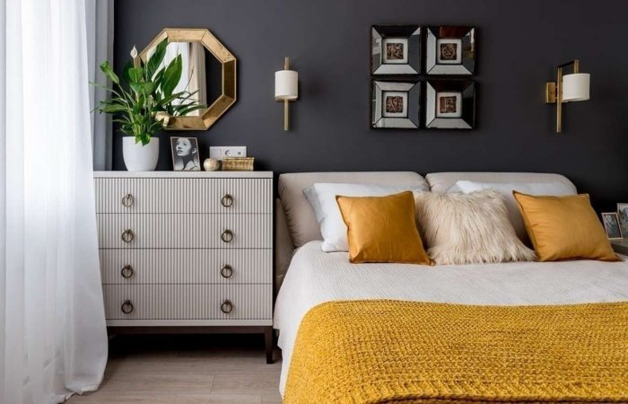 Спальня 16 м в горчичном цвете