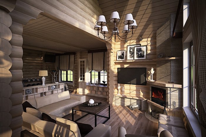 Гостиная со вторым светом в деревянном доме