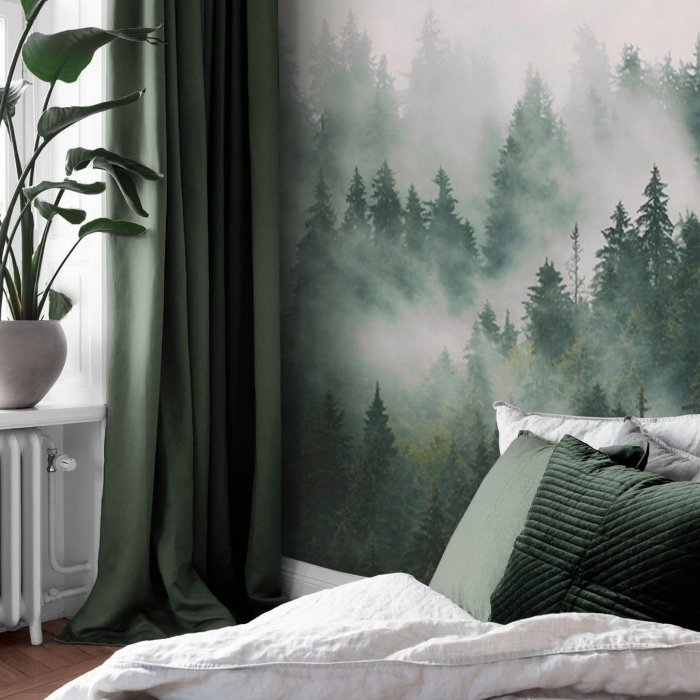 Фотообои лес в интерьере спальни