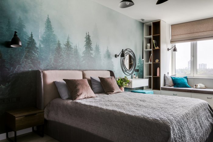 Фотообои лес в тумане в интерьере спальни