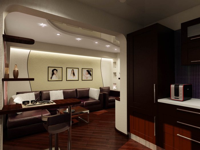 Гостиная совмещенная с кухней и прихожей