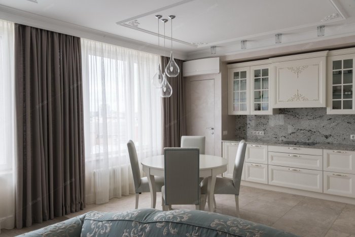 Шторы в гостиную объединенную с кухней