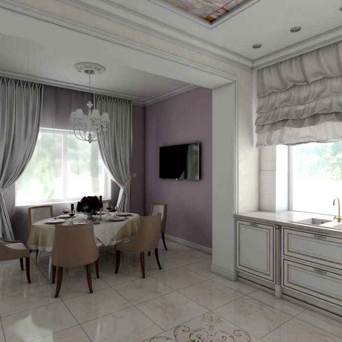 Кухня гостиная с двумя окнами