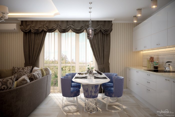 Шторы в кухне гостиной в неоклассическом стиле