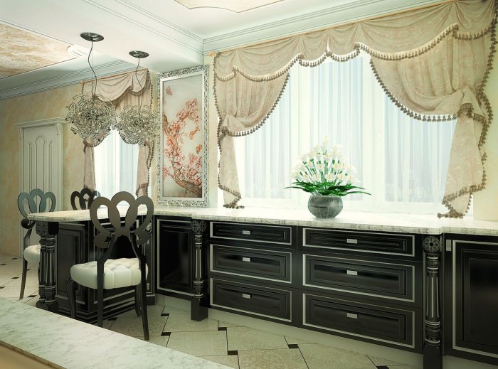 Шторы с подхватами Неоклассика над столешницей