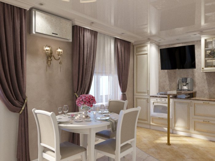 Шторы на кухню к бежевой неоклассики