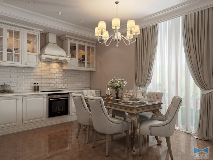 Серо бежевая кухня в неоклассическом стиле