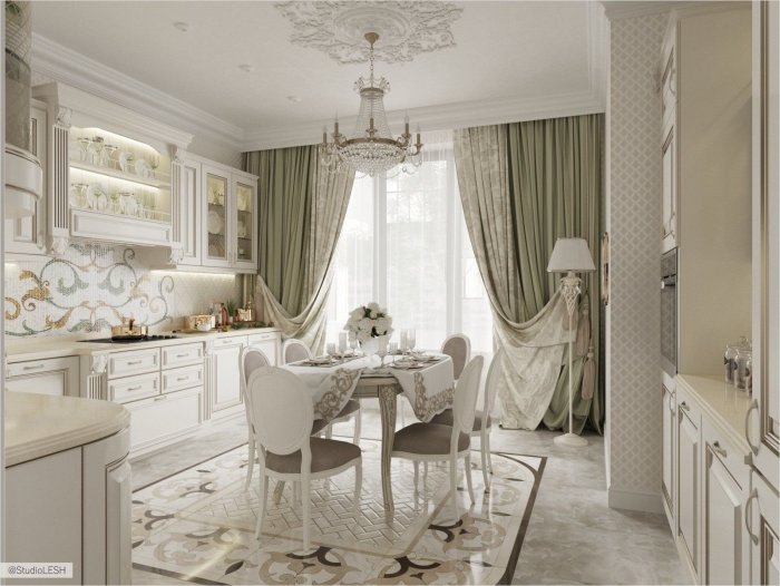 Кухня-гостиная современная классика в светлых тонах