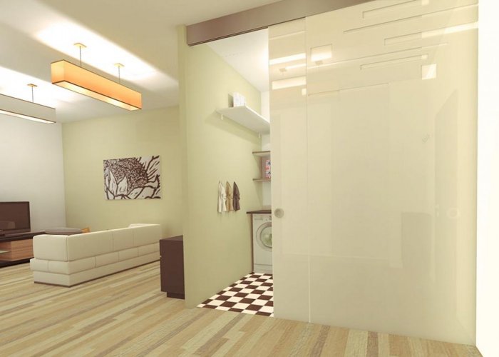 Стеклянная матовая перегородка в комнате