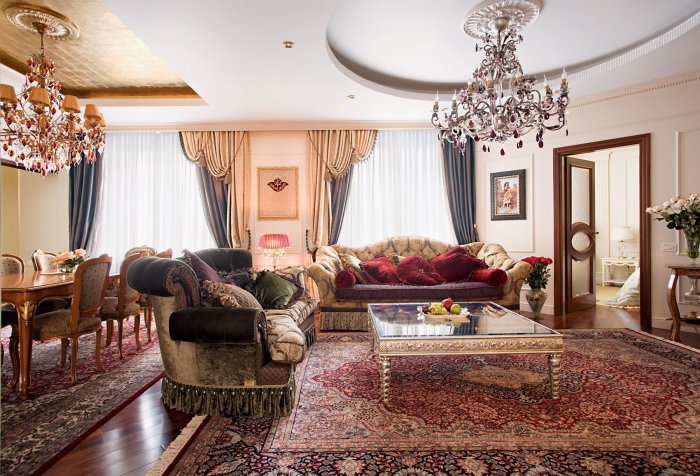Ковры в интерьере гостиной классика