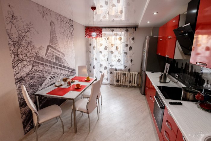 Интерьер красной кухни 9 м
