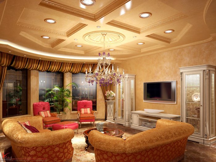 Потолок в классическом стиле в гостиной
