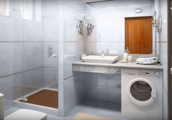 Планировка ванной комнаты с душевой кабиной и стиральной