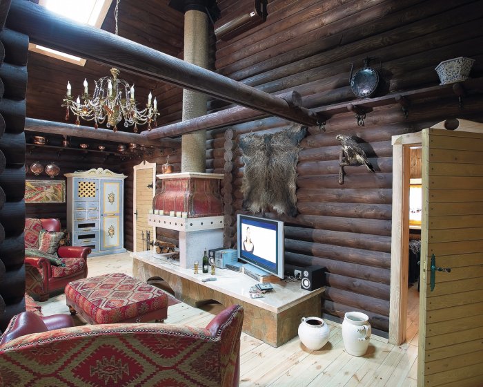 Интерьер охотничьего домика из бревна