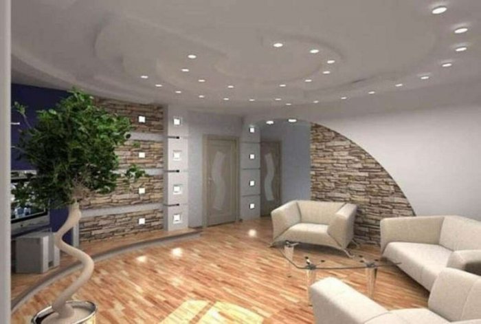 Потолок натяжной в зал в частном доме