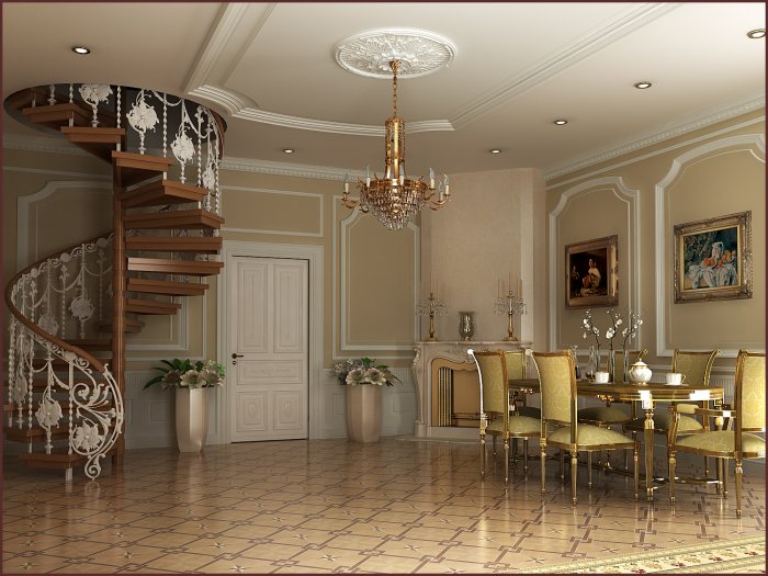 Гостиная столовая с лестницей